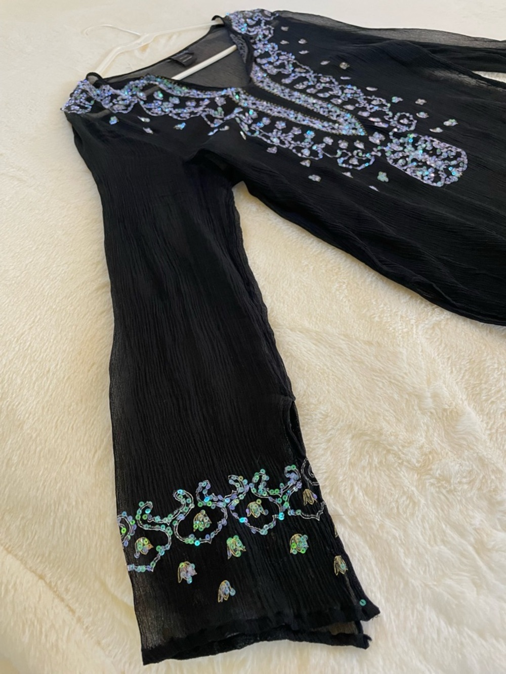 VENUS Black LongSleeve Embellished 100% Silk Y2K Top Tunic Beach Summer Cover - Picture 2 of 16